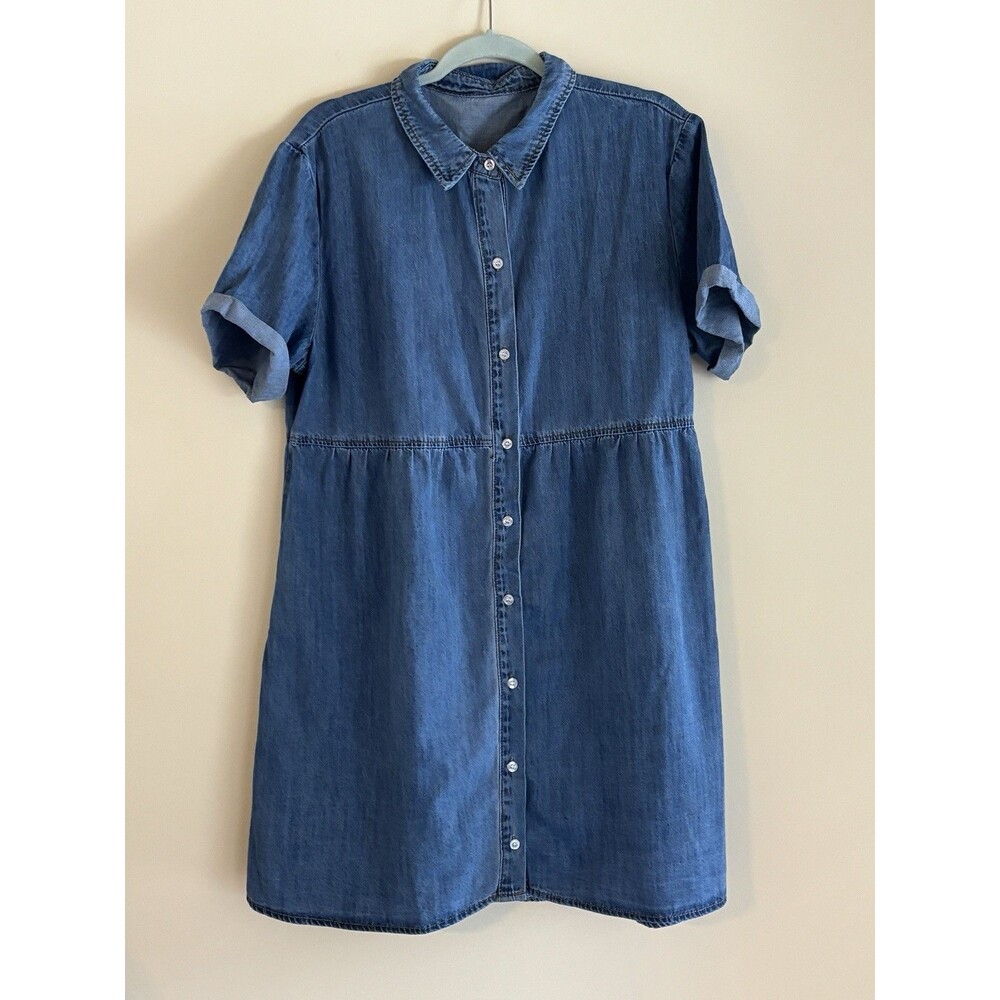 Womens L Denim Babydoll Dress Blue Button Front Tiered Shirt Dress Short Sleeve